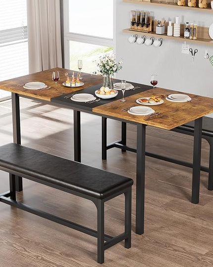 VECELO 3-Piece 63" Extendable Kitchen Table with Benches/Chairs, Modern Breakfast Dinette/Dining Room Set for 4/6/2, Small Space Saving Design, Easy Assembly, Brown - LeafyLoom