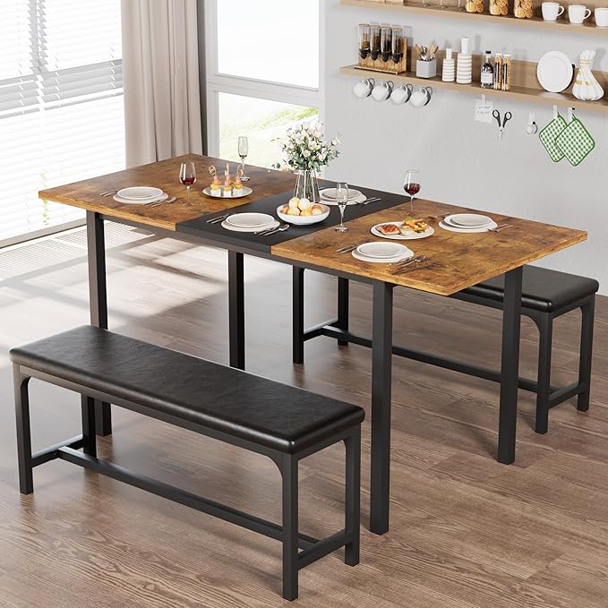 VECELO 3-Piece 63" Extendable Kitchen Table with Benches/Chairs, Modern Breakfast Dinette/Dining Room Set for 4/6/2, Small Space Saving Design, Easy Assembly, Brown - LeafyLoom