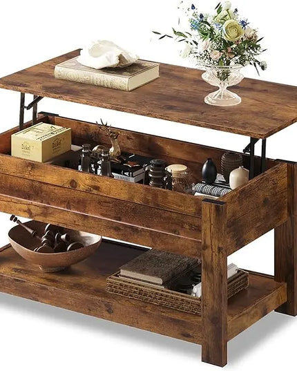 WLIVE Coffee Table, 39" Lift Top Coffee Table with Hidden Compartment and Storage Shelf for Living Room, Rustic Brown - LeafyLoom