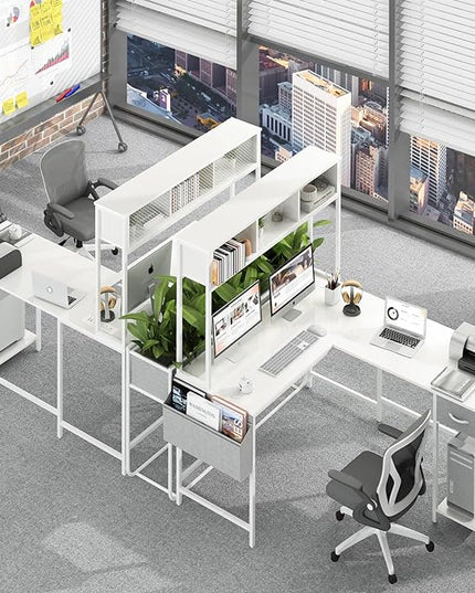 Yoobure L Shaped Desk Gaming Desk with LED Strip & Power Outlet, Reversible L-Shaped Computer Desk with Storage Shelf & Drawer, Corner Desk with Storage Bag, 2 Person Home Office Desk, White - LeafyLoom