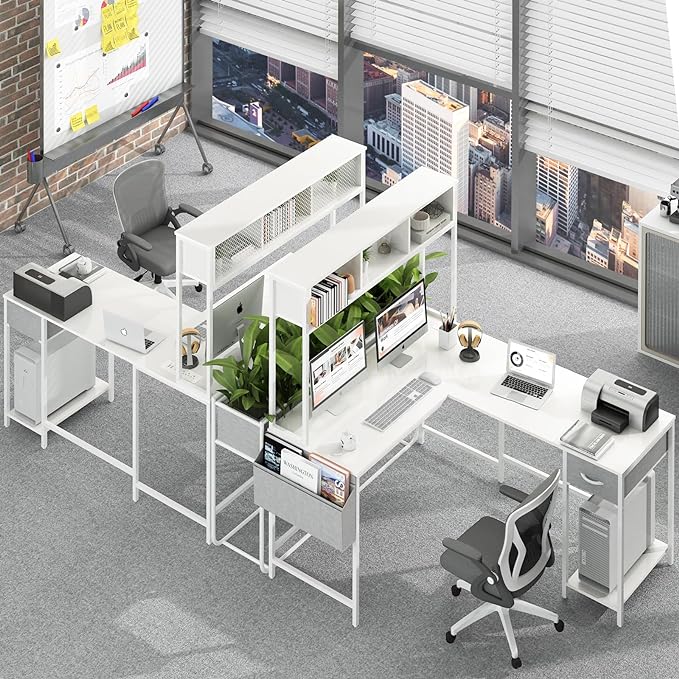 Yoobure L Shaped Desk Gaming Desk with LED Strip & Power Outlet, Reversible L-Shaped Computer Desk with Storage Shelf & Drawer, Corner Desk with Storage Bag, 2 Person Home Office Desk, White - LeafyLoom