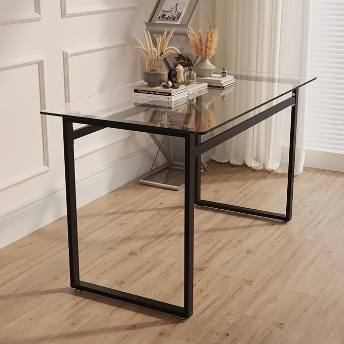 NicBex 51Inch Rectangular Dining Table,Mid-Century Kitchen Table with Tempered Glass Tabletop and Black Chrome Metal Legs for 4 to 6,Dining Room Table for Kitchen,Meeting Living Room,Transparent - LeafyLoom