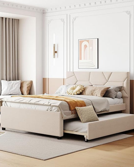 Full Size Linen Upholstered Platform Bed with Twin Size Trundle and 2 Drawers,Bedroom Bed Frame w/Brick Pattern Headboard,Wooden Slats Supproted,for Teens Kids Adults,Beige - LeafyLoom