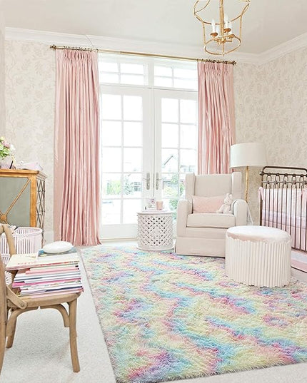 AROGAN Soft Rainbow Area Rugs for Girls Room 3x5 Feet, Fluffy Girls Bedroom Rugs, Princess Rug, Cute Colorful Carpet for Kids Teens Nursery Toddler, Pink - LeafyLoom