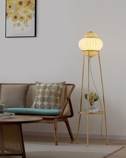 Hikari - Japanese Boho-Chic - Floor Lamp with Shelf Adjustable Height, Silk, Bamboo Woven Shade, for Living Room, Bedroom, Study - UL Listed - LeafyLoom