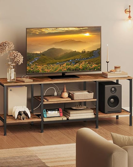 HOOBRO TV Stand with Power Outlets to 65 Inches, TV Console Table with Open Storage Shelves, Industrial Media Entertainment Center for Living Room Bedroom, Rustic Brown and Black BF40DS01 - LeafyLoom