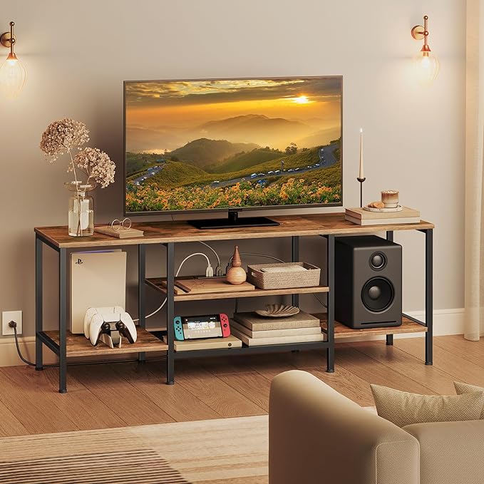 HOOBRO TV Stand with Power Outlets to 65 Inches, TV Console Table with Open Storage Shelves, Industrial Media Entertainment Center for Living Room Bedroom, Rustic Brown and Black BF40DS01 - LeafyLoom