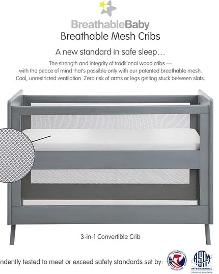 BreathableBaby Breathable Mesh 3-in-1 Convertible Crib (Toddler Bed Kit Sold Separately) — Gray — Two Adjustable Mattress Heights — Greenguard Gold Certified - LeafyLoom