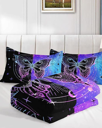 Datura home Black Blue Butterfly Comforter Set for Girls Women,Boho Butterfly Sun and Moon Mandala Printed Bedding Set with 2 Pillowcases(Black Blue Twin) - LeafyLoom