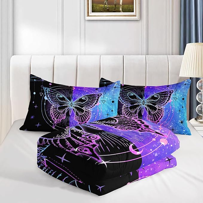 Datura home Black Blue Butterfly Comforter Set for Girls Women,Boho Butterfly Sun and Moon Mandala Printed Bedding Set with 2 Pillowcases(Black Blue Twin) - LeafyLoom