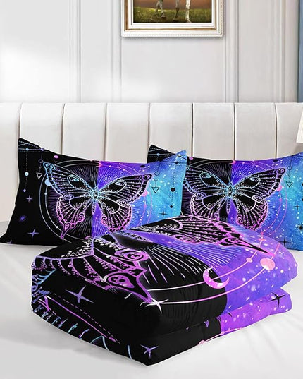 Datura home Black Blue Butterfly Comforter Set for Girls Women,Boho Butterfly Sun and Moon Mandala Printed Bedding Set with 2 Pillowcases(Black Blue Queen) - LeafyLoom