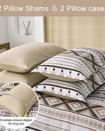 Dinjoy Khaki Aztec Comforter Set Queen Size,7 Pieces Bed in a Bag Queen Beige Boho Bedding Sets with Sheets Bohemian Geometric Striped Complete Set for All Seasons 90"x90" - LeafyLoom