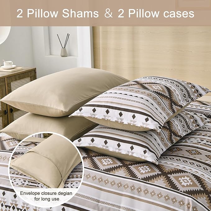 Khaki Aztec Comforter Set King,7 Pieces Bed in A Bag King Size Boho Striped Bedding Set Bohemian Patchwork Complete Set Geometric Pattern Comforters for Women Men 90"×104" - LeafyLoom
