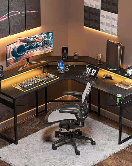 ODK L Shaped Gaming Desk with LED Lights & Power Outlets, 51" Computer Desk with Full Monitor Stand, Corner Desk with Cup Holder, Gaming Table with Hooks, Black - LeafyLoom