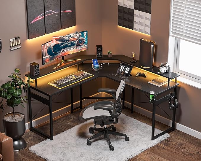 ODK L Shaped Gaming Desk with LED Lights & Power Outlets, 51" Computer Desk with Full Monitor Stand, Corner Desk with Cup Holder, Gaming Table with Hooks, Black - LeafyLoom