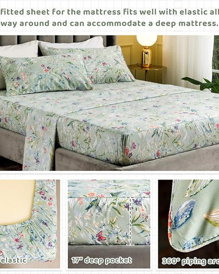 QSH Floral Full Size Sheet Sets - Green Flower Bird Butterfly Print Botanical Bedding Egyptian Cotton Printed Sheets Full Size Bed Extra Soft and Breathable 4pcs Deep Pockets Bed Sheets - LeafyLoom