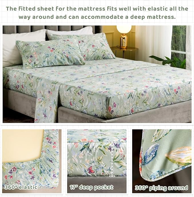 QSH 100% Egyptian Cotton Cal King Sheets, Green Flower Bird Butterfly Pattern Luxury Cotton Printed Flower California King Bedding Sheets, 4pcs Deep Pocket California King Floral Bed Sheet Set - LeafyLoom