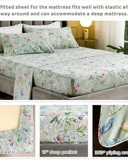QSH Green Floral Queen Size Sheet Sets - Green Flower Bird Butterfly Print Botanical Bedding Egyptian Cotton Printed Sheets Queen Size Bed Extra Soft and Breathable 17.5" Deep Pockets Bed Sheets 4pcs - LeafyLoom