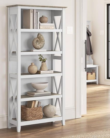 Bush Furniture BSH24470221 Key West 5-Shelf 66-Inch H Bookcase, Shiplap Gray/Pure White - LeafyLoom