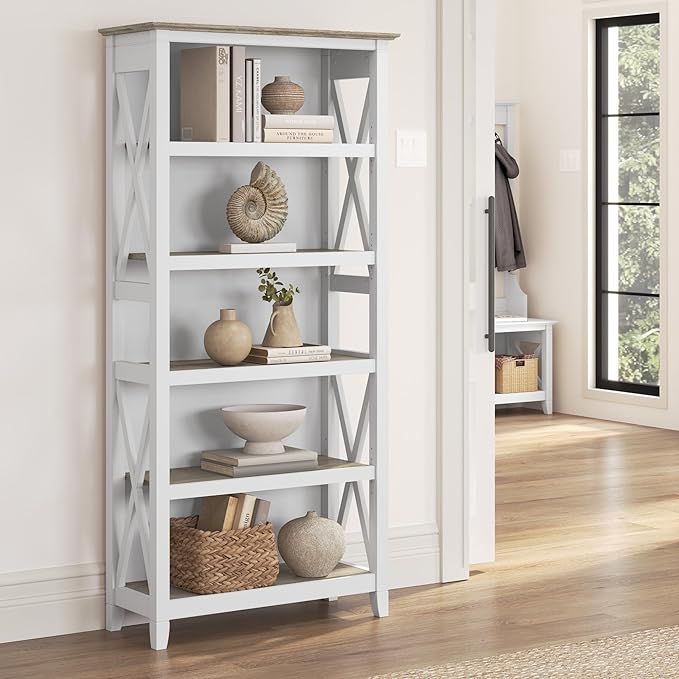 Bush Furniture BSH24470221 Key West 5-Shelf 66-Inch H Bookcase, Shiplap Gray/Pure White - LeafyLoom