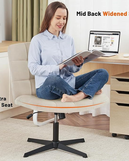 Furniliving Linen Office Desk Chair No Wheels, Armless Swivel Home Office Chair Height Adjustable Wide Office Chair for Bedroom, Modern Mid Back Accent Chair Computer Task Chair, Beige - LeafyLoom