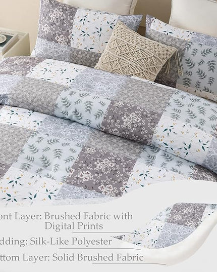 Whale Flotilla King Comforter Set, Soft Reversible Grey Bedding Comforter Set with Boho Pattern, 1 Micoriber Patchwork Comforter and 2 Pillow Shams, 3 Pieces - LeafyLoom