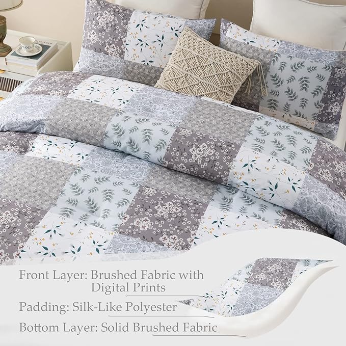 Whale Flotilla Queen Full Comforter Set, Soft Reversible Grey Bedding Comforter Set with Boho Pattern, 1 Micoriber Patchwork Comforter and 2 Pillow Shams, 3 Pieces - LeafyLoom