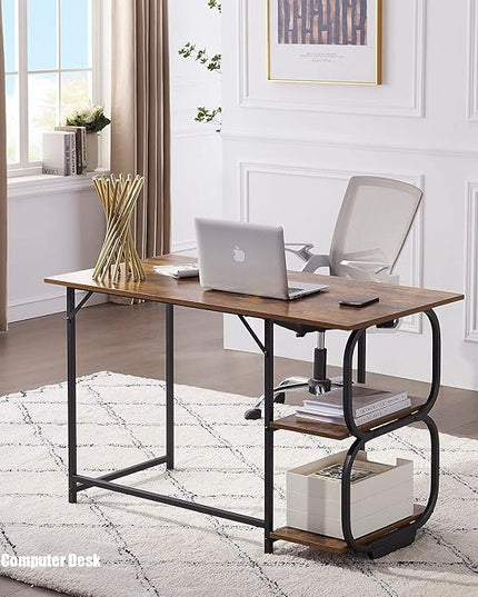 Anivia Writing Computer Home Office Desk with 2 Storage Shelves on Left or Right Side, Industrial Simple Style Wood Table Metal PC Laptop Notebook, 47", Rustic Brown + Black Frame - LeafyLoom