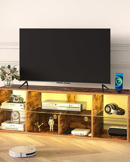 VECELO LED TV Stand with Lights & Power Outlet for 55 inch Gaming Entertainment Center with 7 Open Storage Shelves, Industrial Television Cabinet for Living Room, Bedroom, Retro Brown, 55inch - LeafyLoom