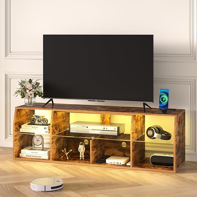VECELO LED TV Stand with Lights & Power Outlet for 55 inch Gaming Entertainment Center with 7 Open Storage Shelves, Industrial Television Cabinet for Living Room, Bedroom, Retro Brown, 55inch - LeafyLoom