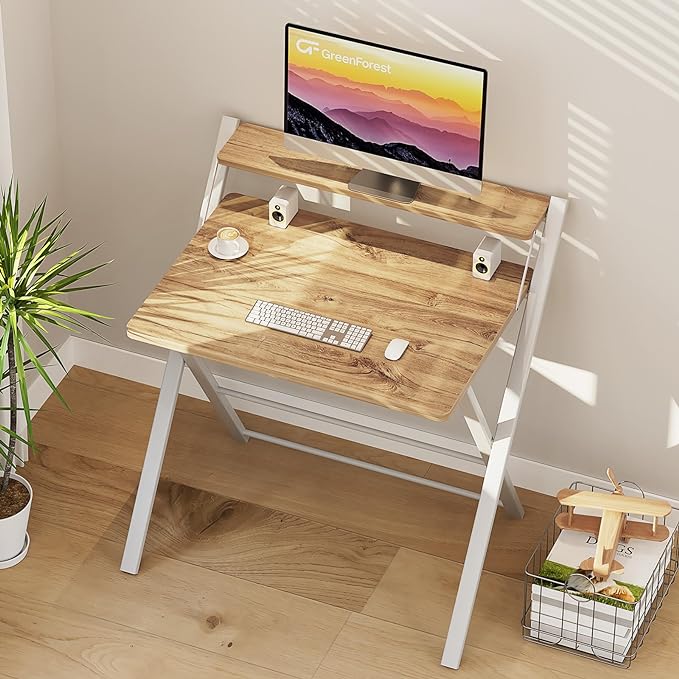 GreenForest Folding Desk No Assembly Required Large Size, 2-Tier Foldable Computer Desk with Shelf for Home Office, Space Saving Portable Laptop Study Foldable Table for Bedroom, Oak - LeafyLoom