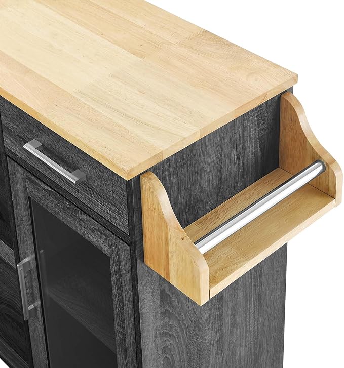 Modway Culinary Rolling Kitchen Cart with Storage in Charcoal Natural - 3 Tiers Kitchen Island on Wheels with Spice Rack, Functional as a Coffee Station, Bar Cabinet or Butcher Block Island - LeafyLoom