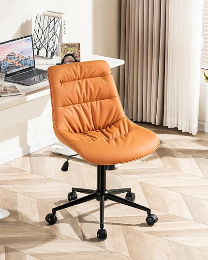 Kidol & Shellder Armless Office Chair Desk Chair Comfy Makeup Vanity Chair with Back Ergonomic Swivel Chair Home Office Desk Chairs with Wheels Computer Chair Bedroom Accent Chair(Matte Orange) - LeafyLoom