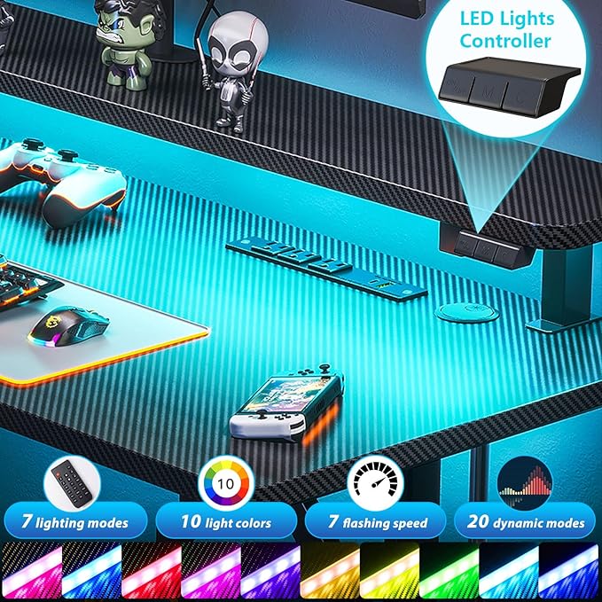 MOTPK Gaming Desk with LED Lights & Power Outlets, 47 Inch Computer Desk Gaming Table with Monitor Shelf, Gamer Desk with Carbon Fiber Texture, Kids Boys Desk Gift for Men - LeafyLoom