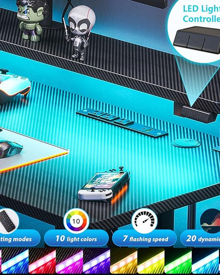 MOTPK Small Gaming Desk with LED Lights & Power Outlets, 31 Inch Computer Desk Gaming Table with Monitor Shelf, Gamer Desk with Carbon Fiber Texture, Kids Boys Desk Gift for Men - LeafyLoom