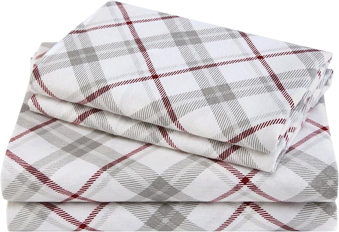 Comfort Spaces Cotton Flannel Breathable Warm Deep Pocket Sheets With Pillow Case Bedding, Twin, Plaid Grey/Red, 3 Piece - LeafyLoom