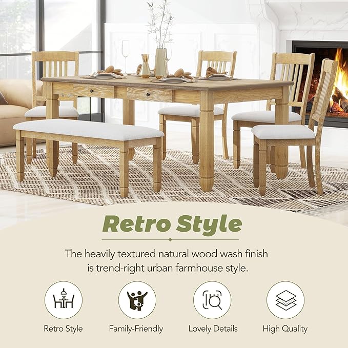 6-Piece Modern Dining Set, Include 72'L Solid Wood Table with 4 Drawers, Upholstered Chairs & Bench, for Kitchen, Living Room, Stable Frame and a Long Lifespan, Natural+Light Gray - LeafyLoom