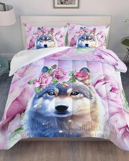 Wolf Comforter Set Tie Dye Wolf Bedding Set for Kids Teens Room Decor Romantic Pink Rose Wild Animals Comforter with 2 Pillowcases - LeafyLoom