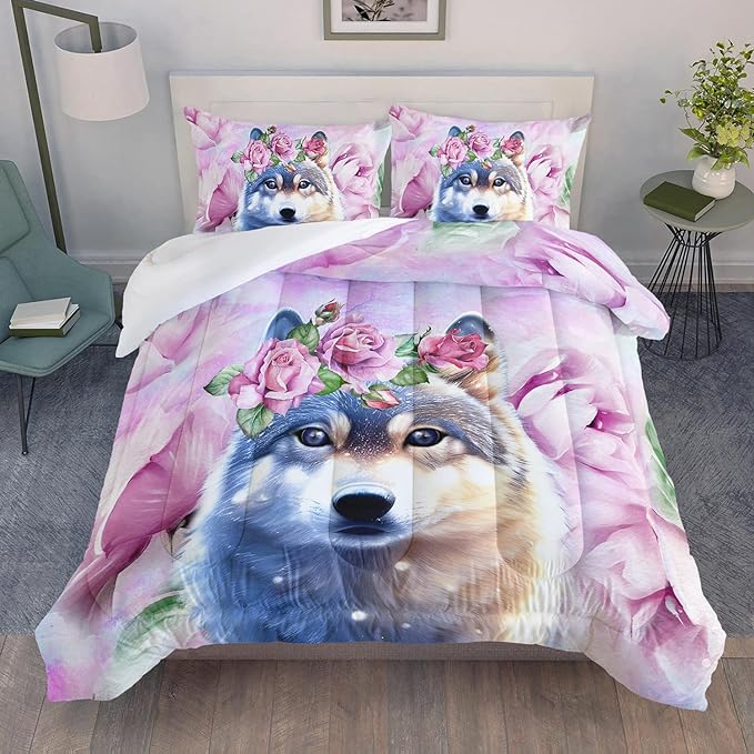 Wolf Comforter Set Tie Dye Wolf Bedding Set for Kids Teens Room Decor Romantic Pink Rose Wild Animals Comforter with 2 Pillowcases - LeafyLoom