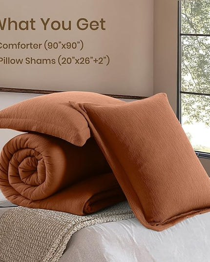 Burnt Orange Queen Comforter Set, Minimalist Lightweight Comforter for Crinkle Design Queen Bed Set, Bedding Queen Size, 3 Piece with Modern Comforter & Shams (Queen, 90"x90") - LeafyLoom