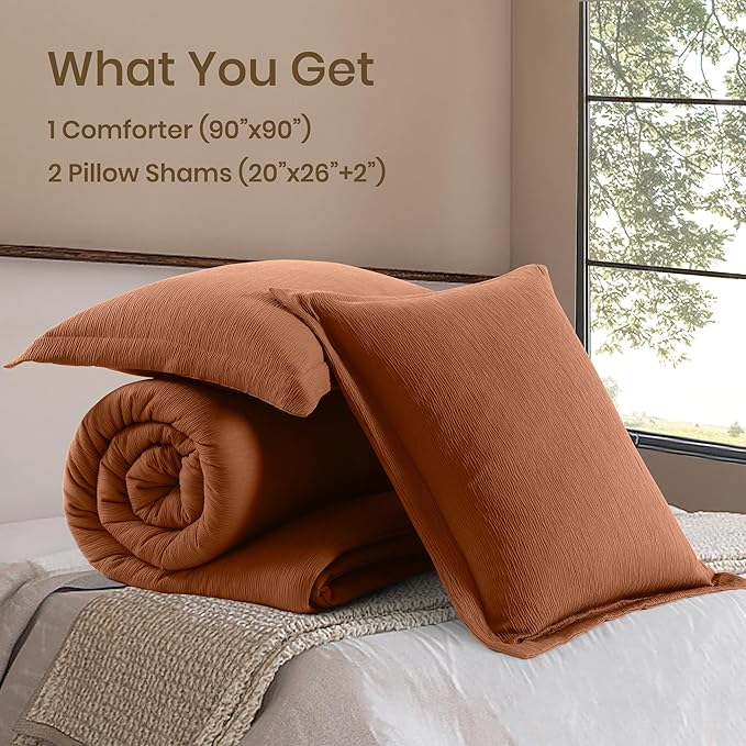 Burnt Orange Queen Comforter Set, Minimalist Lightweight Comforter for Crinkle Design Queen Bed Set, Bedding Queen Size, 3 Piece with Modern Comforter & Shams (Queen, 90"x90") - LeafyLoom