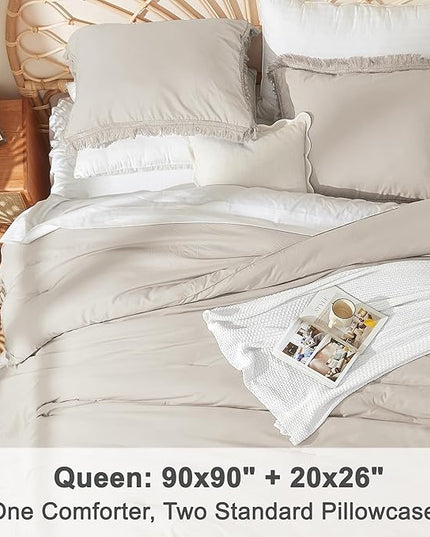 Litanika Linen Grey Comforter Queen Set, Boho Tassel Comforter Aesthetic 3 Pieces, Lightweight Fringe Microfiber Bedding Set for All Season(1 Comforter 90x90 inch, 2 Pillowcases) - LeafyLoom