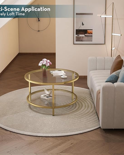 SAYGOER Round Glass Coffee Table 2 Tier Coffee Tables with Storage Shelf for Large or Small Space Modern Simple Center Table with Gold Frame for Living Room Home Office, Easy Assembly… - LeafyLoom