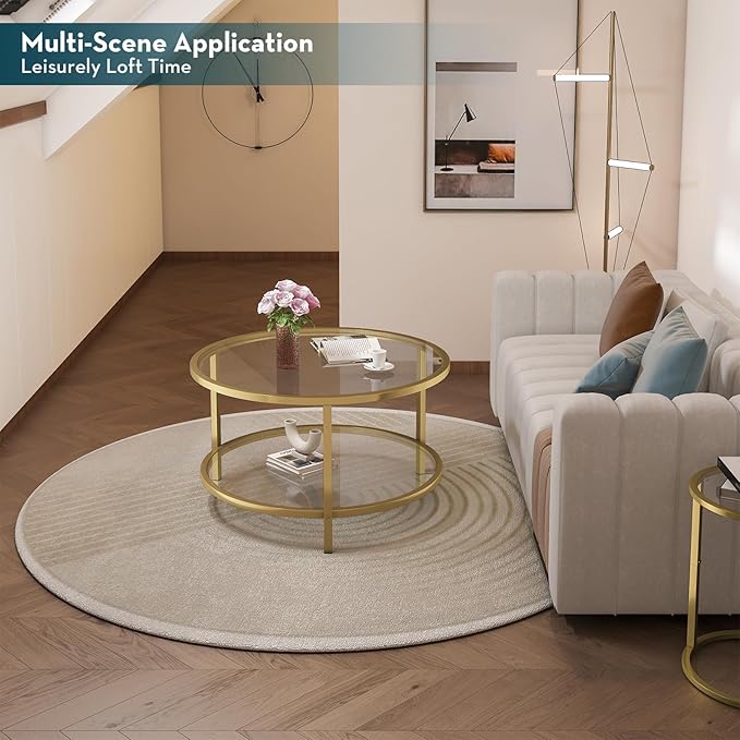 SAYGOER Round Glass Coffee Table 2 Tier Coffee Tables with Storage Shelf for Large or Small Space Modern Simple Center Table with Gold Frame for Living Room Home Office, Easy Assembly… - LeafyLoom