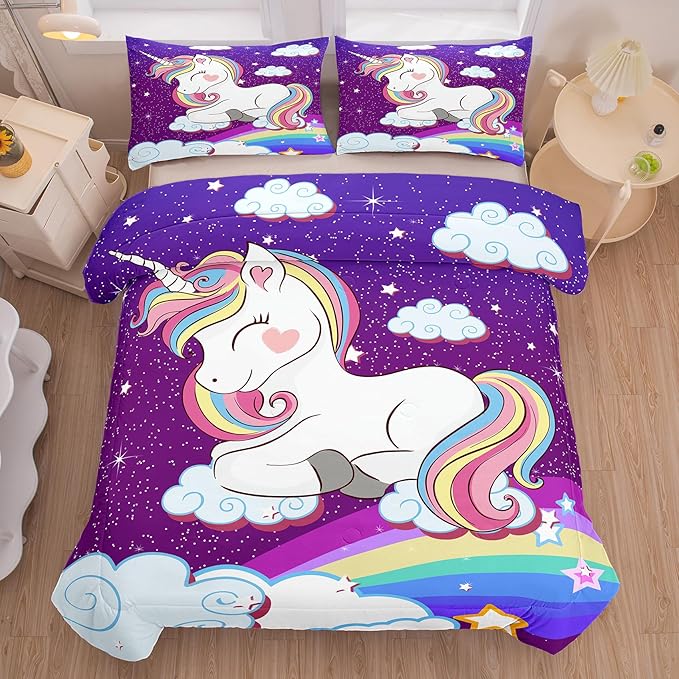 Tailor Shop Unicorn Bedding Sets Queen Size,Purple Unicorn Comforter Sets for Girls Kids Teens with 2 Pillowcase… - LeafyLoom