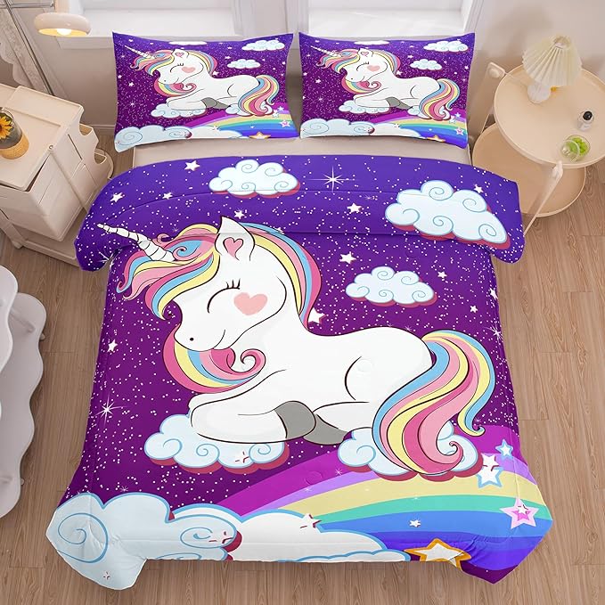 Tailor Shop Unicorn Bedding Sets for Girls Kids Teens,Purple Unicorn Comforter Sets Full Size with 2 Pillowcase… - LeafyLoom