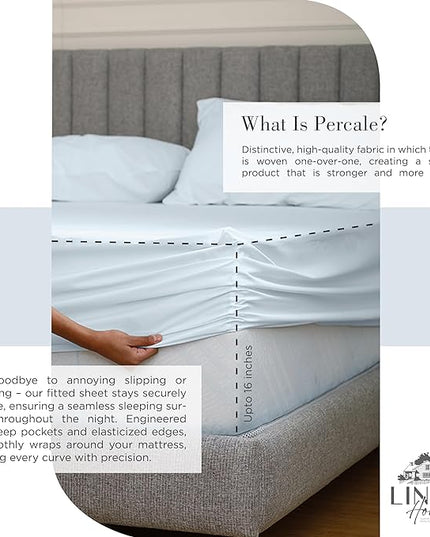 100% Cotton Percale Sheets California King Size, Blue Duck Egg, Deep Pocket, 4 Pieces Sheet Set - 1 Flat, 1 Deep Pocket Fitted Sheet and 2 Pillowcases, Crisp Cool and Strong Bed Linen - LeafyLoom