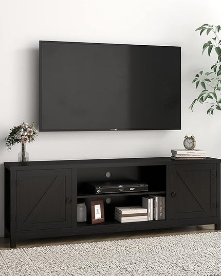Panana Modern Farmhouse TV Stand, Entertainment Center for 70 inch TV with 2 Doors and Open Shelves for Living Room, Bedroom (Black, 65 inch) - LeafyLoom
