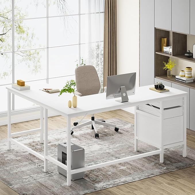 Tribesigns L Shaped Desk with File Drawer Cabinet, 59 Inch Corner Desk L Shaped Computer Desk with Drawers, PC Table Writing Desk for Home Office, White - LeafyLoom