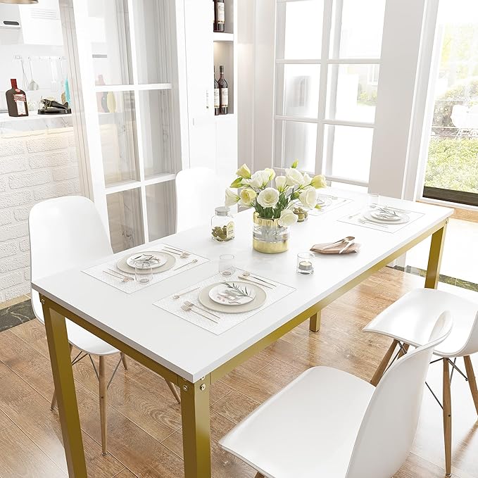 Teraves Computer Desk/Dining Table Office Desk Sturdy Writing Workstation for Home Office(47.24”, White+Golden Frame) - LeafyLoom
